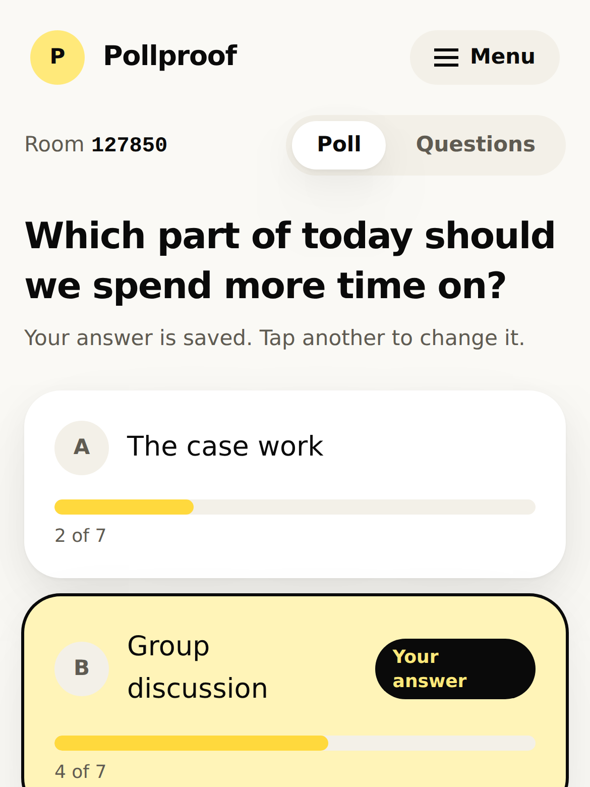 An attendee's phone showing the same poll, their answer highlighted